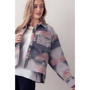 Simply Southern Cropped Aztec Shacket - Pink & Grey - Size Small